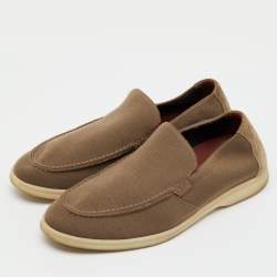 Pre Owned Loro Piana Khaki Brown Knit Fabric and Suede Open Walk Slip On Loafers Size 42