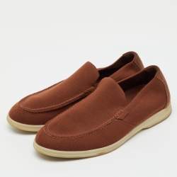 Pre Owned Loro Piana Rust Brown Knit Fabric and Suede Open Walk Slip On Loafers Size 41