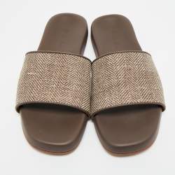 Pre Owned Loro Piana Size 42 Brown Fabric and Leather Flat Slide Sandals
