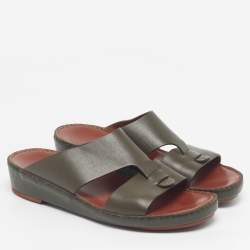 Pre Owned Loro Piana New Buckle Size 43.5 Green Leather Slide Sandals
