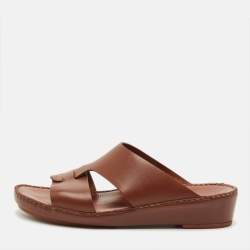 Pre Owned Loro Piana New Buckle Size 43.5 Brown Leather Slide Sandals