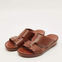 Pre Owned Loro Piana New Buckle Size 43.5 Brown Leather Slide Sandals