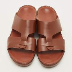 Pre Owned Loro Piana New Buckle Size 43.5 Brown Leather Slide Sandals