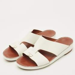 Pre Owned Loro Piana Buckle Size 43.5 White Leather Slide Sandals