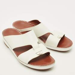 Pre Owned Loro Piana Buckle Size 43.5 White Leather Slide Sandals