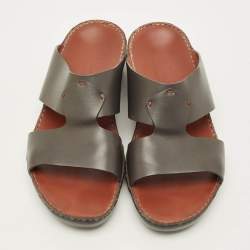 Pre Owned Loro Piana New Buckle Size 43.5 Grey Leather Slide Sandals