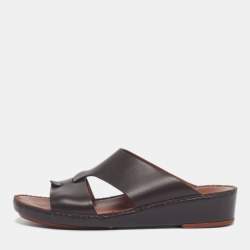 Pre Owned Loro Piana New Buckle Size 43.5 Dark Brown Leather Slide Sandals