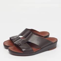 Pre Owned Loro Piana New Buckle Size 43.5 Dark Brown Leather Slide Sandals