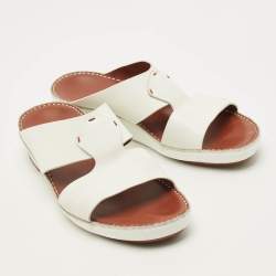 Pre Owned Loro Piana New Buckle Size 43.5 White Leather Slide Sandals