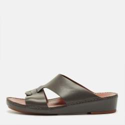 Pre Owned Loro Piana New Buckle Size 43.5 Grey Leather Slide Sandals