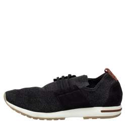 Loro Piana Dark Grey Knit Fabric And Nubuck Slip On Sneakers Size 45