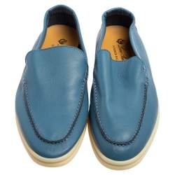 Pre Owned Loro Piana Cornflower Blue Leather Summer Walk Slip On Loafers Size 39