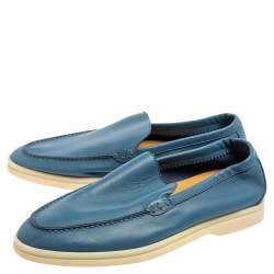 Pre Owned Loro Piana Cornflower Blue Leather Summer Walk Slip On Loafers Size 39