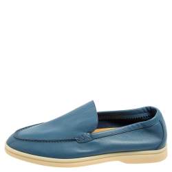 Pre Owned Loro Piana Cornflower Blue Leather Summer Walk Slip On Loafers Size 39
