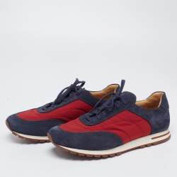 Pre Owned Loro Piana Grey/Red Nylon And Suede Low Top Sneakers Size 43.5