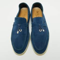 Pre Owned Loro Piana Blue Suede Summer Walk Charms Piping Loafer Size 40