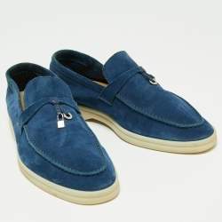 Pre Owned Loro Piana Blue Suede Summer Walk Charms Piping Loafer Size 40