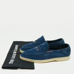 Pre Owned Loro Piana Blue Suede Summer Walk Charms Piping Loafer Size 40