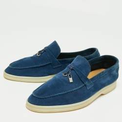 Pre Owned Loro Piana Blue Suede Summer Walk Charms Piping Loafer Size 40