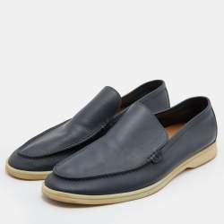 Pre Owned Loro Piana Navy Blue Leather Summer Walk Slip On Loafers Size 46.5