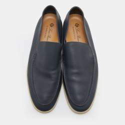 Pre Owned Loro Piana Navy Blue Leather Summer Walk Slip On Loafers Size 46.5