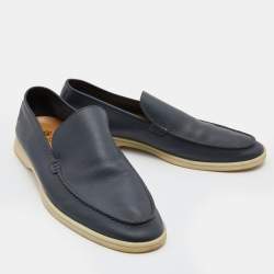 Pre Owned Loro Piana Navy Blue Leather Summer Walk Slip On Loafers Size 46.5