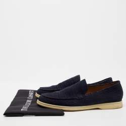 Pre Owned Loro Piana Navy Blue Croc Embossed Leather Loafers Size 41
