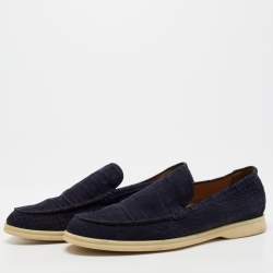 Pre Owned Loro Piana Navy Blue Croc Embossed Leather Loafers Size 41