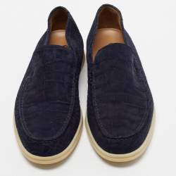 Pre Owned Loro Piana Navy Blue Croc Embossed Leather Loafers Size 41