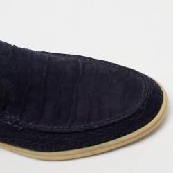 Pre Owned Loro Piana Navy Blue Croc Embossed Leather Loafers Size 41