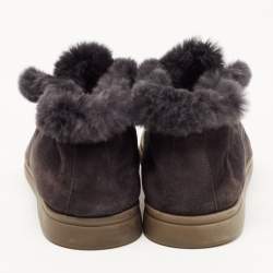 Pre Owned Loro Piana Grey Suede and Shearling Fur Open Walk Chukka Boots Size 39