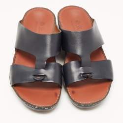 Pre Owned Loro Piana Navy Blue Leather Buckle Sandals Size 44.5 