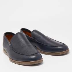 Pre Owned Loro Piana Navy Blue Leather Summer Walk Loafers Size 48
