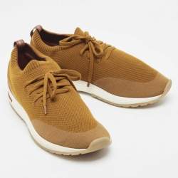 Pre Owned Loro Piana Mustard Knit Fabric and Leather 360 Flexy Walker Slip On Sneakers Size 44