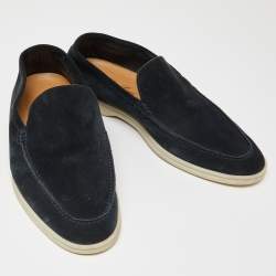مملوكة مسبقًا Loro Piana Navy Blue Suede Summer Charms Walk Slip On Loafers Size 42