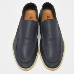 Pre Owned Loro Piana Navy Blue Leather Summer Walk Slip On Loafers Size 42.5