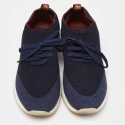 Pre Owned Loro Piana Navy Blue Knit Fabric and Leather 360 Flexy Walker Sneakers Size 40