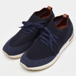 Pre Owned Loro Piana Navy Blue Knit Fabric and Leather 360 Flexy Walker Sneakers Size 40