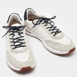 Pre Owned Loro Piana White/Grey Neoprene and Suede Week End Walk Evo Low Top Sneakers Size 45
