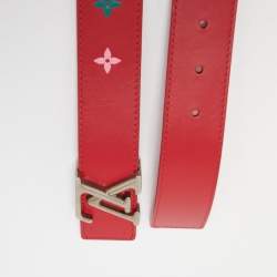 Pre Owned Louis Vuitton Red Leather LV Initiales Belt Size 85CM