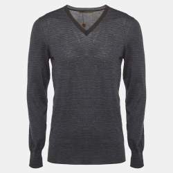 Louis Vuitton Navy Blue Striped Knit V-Neck Sweatshirt M