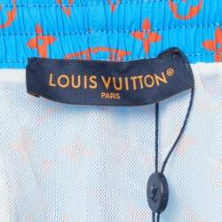 Pre Owned Louis Vuitton Blue Logo Monogram Printed Polyamide Mesh Insert Swim Shorts L