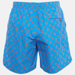 Pre Owned Louis Vuitton Blue Logo Monogram Printed Polyamide Mesh Insert Swim Shorts L