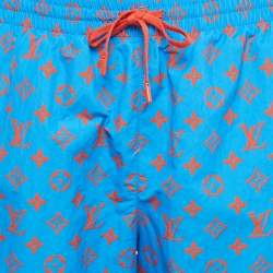 Pre Owned Louis Vuitton Blue Logo Monogram Printed Polyamide Mesh Insert Swim Shorts L
