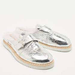 Louis Vuitton Metallic Silver Leather LV Easy Flat Mules Size 45