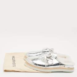 Louis Vuitton Metallic Silver Leather LV Easy Flat Mules Size 45