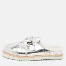 Louis Vuitton Metallic Silver Leather LV Easy Flat Mules Size 45