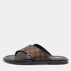 Pre Owned Louis Vuitton Damier Ebene Canvas and Leather Cross Strap Flat Sandals Size 44