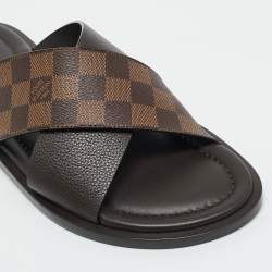Pre Owned Louis Vuitton Damier Ebene Canvas and Leather Cross Strap Flat Sandals Size 44