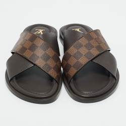 Pre Owned Louis Vuitton Damier Ebene Canvas and Leather Cross Strap Flat Sandals Size 44